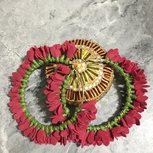 hand made floral earrings, gold earrings, flowers are maroon colour, large hoops